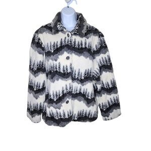 Vintage 90s Willow Ridge Forest Tree AOP Button Up Fleece Sherpa Jacket Womens 2